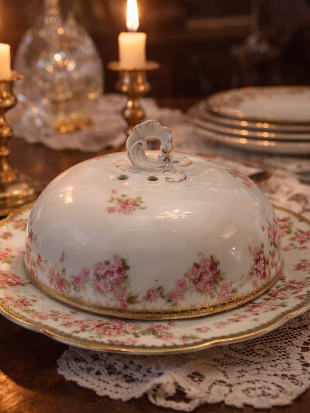 Antique Imperial Crown China Austria Covered Butter Dish Pink Floral Gold Trim
